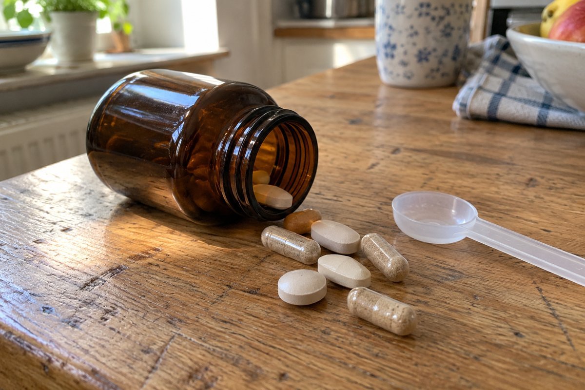Ein liegendes braunes Glasfläschchen ohne Etikett, daneben einige Kapseln, Tabletten und ein kleiner Messlöffel auf einem Holztisch.