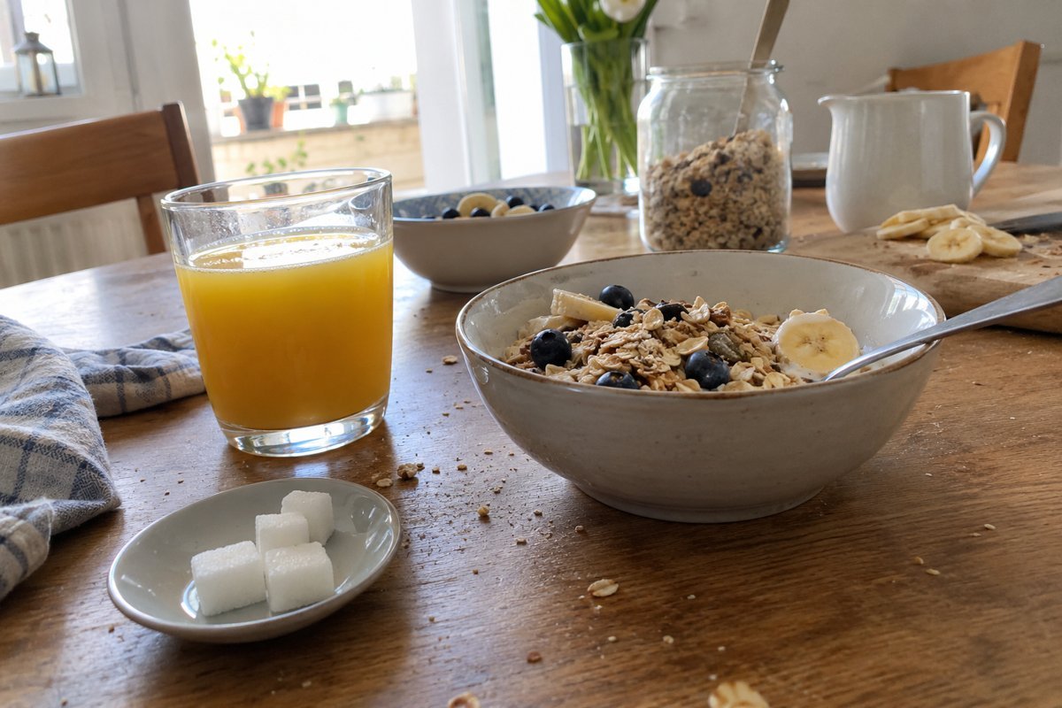 Ein Frühstückstisch mit einem Glas Orangensaft, einer Schale Müsli mit Obst und einigen Zuckerwürfeln auf einem Unterteller.