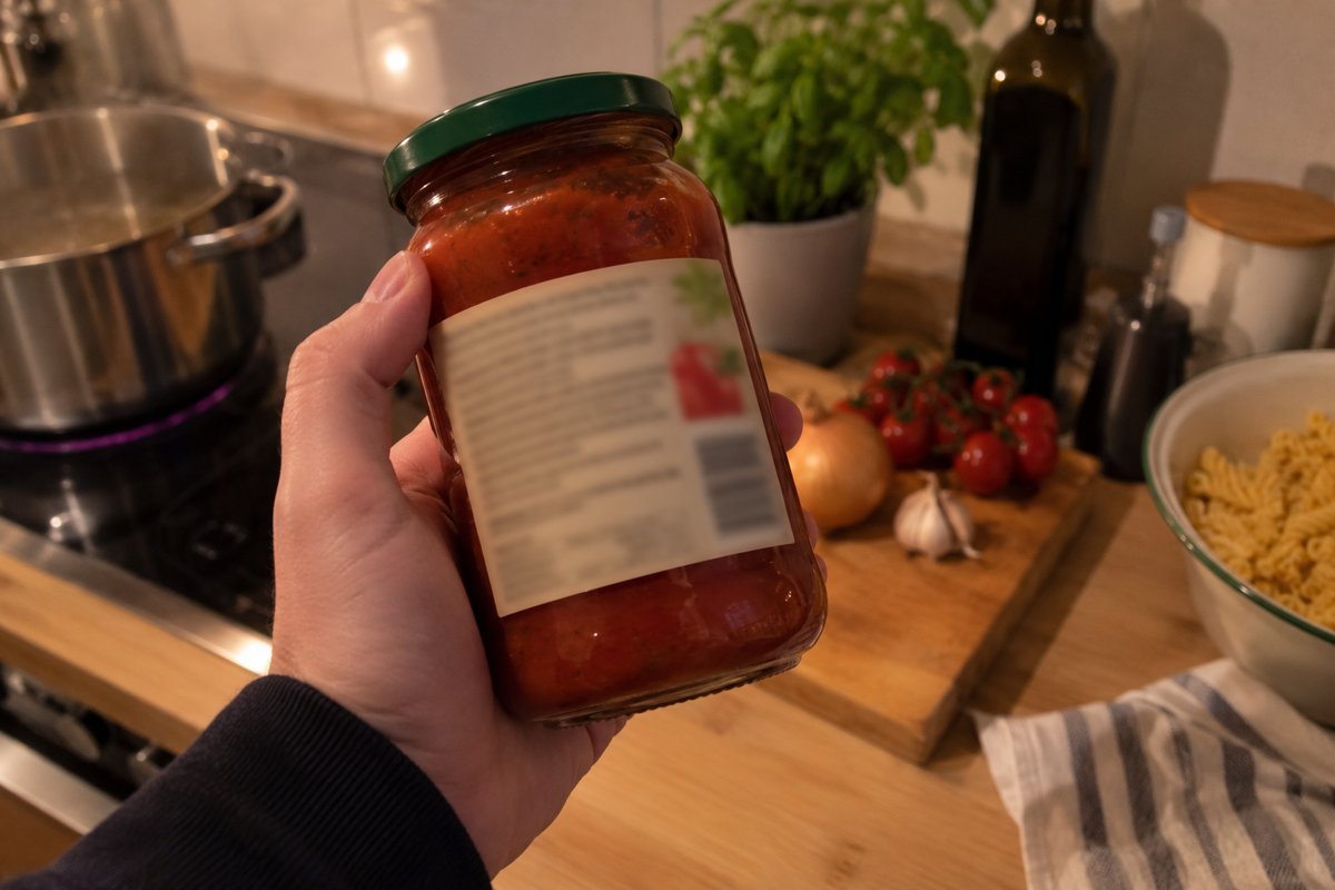 Eine Hand hält ein Glas Tomatensauce mit der Rückseite nach vorn in einer Küche; das Etikett ist unscharf.