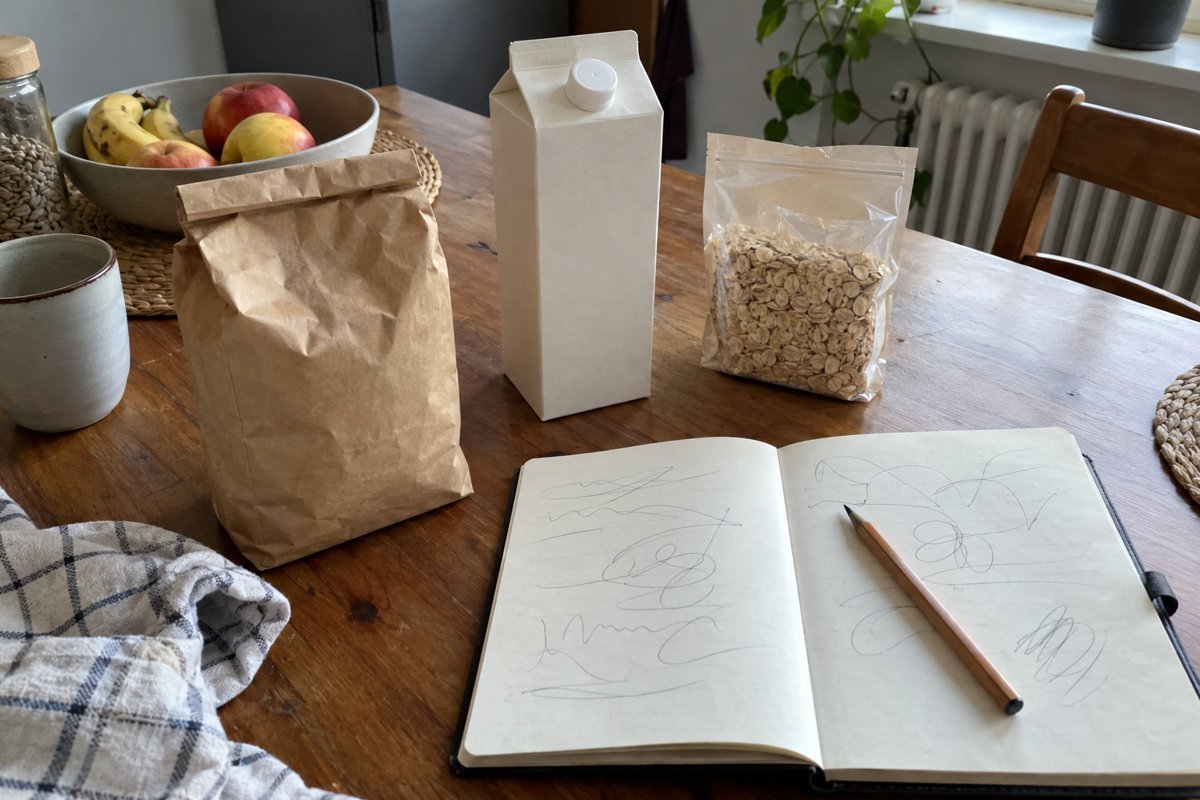 Ein Küchentisch mit einer Papiertüte, einem neutralen Getränkekarton, Haferflocken im Beutel und einem Notizbuch mit Bleistift.